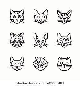 Cat breeds and hybrids linear portraits collection isolated on white. Simple line cat`s head style set. Vector illustration