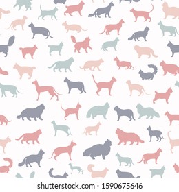 Cat breeds icon set flat style seamless pattern. Cartoon silhouettes cats characters collection. Vector illustration