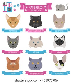 Cat breeds icon set flat style. Vector illustration
