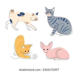 Cat breeds Set 1 . Flat shape and pencil line drawing design . Vector .