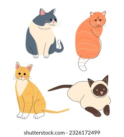 Cat breeds Set 2 . Flat shape and pencil line drawing design . Vector .