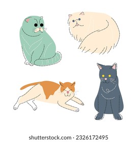 Cat breeds Set 3 . Flat shape and pencil line drawing design . Vector .