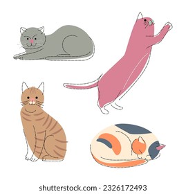 Cat breeds Set 4 . Flat shape and pencil line drawing design . Vector .