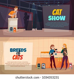 Cat breeds show announcement schedule and presentations 2  horizontal banners with pets food advertisement isolated vector illustration 