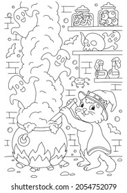 The cat brews a potion in the dungeon in a large cauldron. Coloring book page for kids. Cartoon style character. Vector illustration isolated on white background.