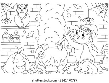 The cat brews a potion in the dungeon in a large cauldron. Coloring book page for kids. Cartoon style character. Vector illustration isolated on white background.