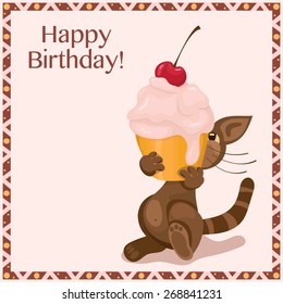The cat is bringing huge cake with cherry for birthday celebration. Vector illustration