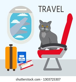  Cat  British Shorthair Flies By Plane Whith Pasport And Ticket.  Vector Illustration.