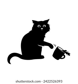 Cat broke a cup. Vector illustration.