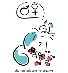 Cat and broken flowers. Cat thinking about the Venus and Mars signs.
