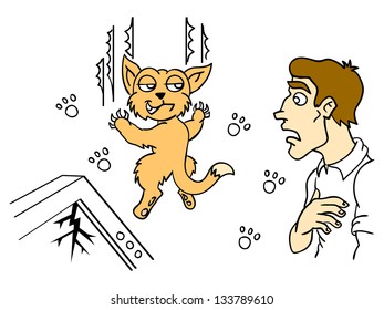 Cat brought chaos. Naughty pet and surprised by the owner. Vector illustration.