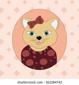 A cat with a brown bow. Print for children's clothing, books, postcards