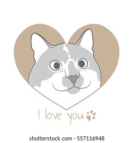 Cat in brown heart. Valentine card.