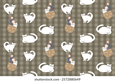 Cat with brown plaid background 