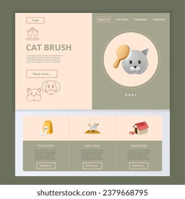 Katzen Pinsel flach Landing Page Website Vorlage. Hundefutter, Hundekäfig, Hundehaufen. Webbanner mit Header, Inhalt und Fußzeile. Vektorgrafik.