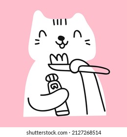 Cat brushing teeth. Illustration on pink background.