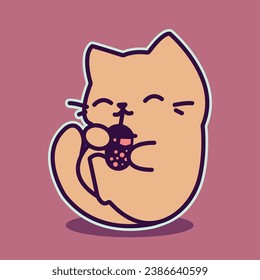 Cat with bubble tea or boba milk tea drink vector flat cartoon kawaii illustration sticker for web, card, banner, label of cafe, shop, restaurant. Fruit and tapioca pearls in plastic cup.