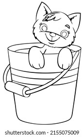 Cat in the bucket. Element for coloring page. Cartoon style.