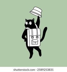 Cat in Bucket Hat with Backpack