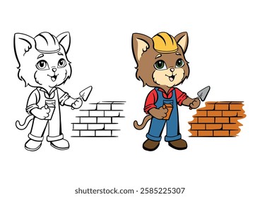 The cat builder is building a house. Coloring book with an example for kids. Bright vector illustration for studying professions, for a children's book, print, educational materials