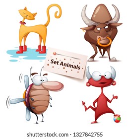 Cat, bull, cockroach devil - set animals Vector eps 10