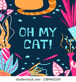 Cat bully eat houseplants. Vector hand caricature illustration. Sketch of flowers cartoon. Cute mischievous cat. On dark blue background. Congratulation, postcard, poster, banner, drawing, packaging