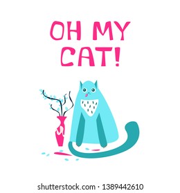 Cat bully eat houseplants. Vector hand caricature illustration. Sketch of flowers cartoon. Cute mischievous cat. Isolated on white background