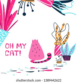 Cat bully eat houseplants. Vector hand caricature illustration. Sketch of flowers cartoon. Cute mischievous cat. Isolated on white background