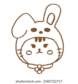 Cat with Bunny Hat and Floppy Ear Japanese Style Line Illustration