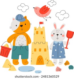 Cat and Bunny spielt mit Sandcastle Vektorillustration