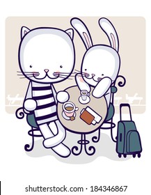 Cat and bunny sit in a cafe of the airport lounge.