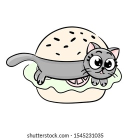 Сute cat in a Burger. Hand drawn vector illustration. Sketch cartoon style
