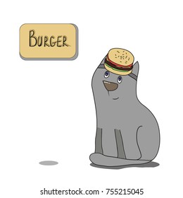 Cat with burger. For postcards, menus, background. Vector illustration. 