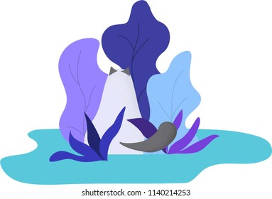 Cat in bushes flat vector illustration