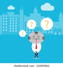 Cat in business uniform confuse or lost in city 
