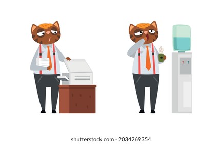 Cat Businessman Character in Formal Suit and Tie Yawning with Coffee Cup and Printing Paper Documents Vector Set