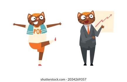 Cat Businessman Character in Formal Suit and Tie Showing Chart and Doing Physical Exercise Vector Set