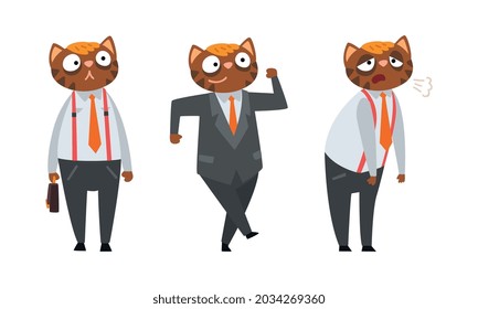 Cat Businessman Character in Formal Suit and Tie Standing, Walking and Feeling Tired Vector Set