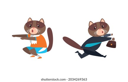 Cat Businessman Character in Formal Suit and Tie Hurrying to Work and Doing Physical Exercise Vector Set