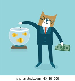 Cat businessman feeding fish-coins. Investment business concept. Vector illustration.