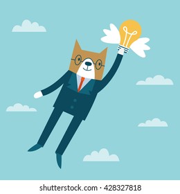 Cat businessman lifted by idea. Investmant vector concept