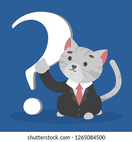 Cat businessman in suit sitting in doubt at the big question mark. Problem and search for solution. Person in confusion. Ask sign.
