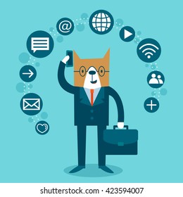 Cat businessman in a suit talking on the phone, communication icons. Smiling business cat holding  a briefcase. Vector business character