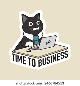 cat businessman at the table, hard working black cat, cute, kawaii