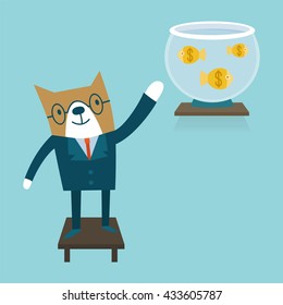 Cat businessman trying to get aquarium with fish-coins. Business concept vector illustration