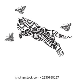 Cat With Butterflies Mandala .Cat Coloring Page For Adult And Kids . Vector Art Illustration.