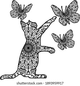 Cat with butterflies mandala, vector drawing of cat butterflies, sublimation and design, for printing on T-shirts, mugs, postcards. Page for coloring