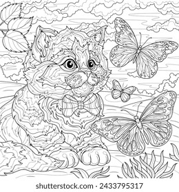 
Cat and butterflies.Coloring book antistress for children and adults. Illustration isolated on white background.Zen-tangle style. Hand draw