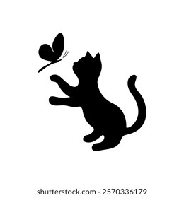 Cat with butterfly icon silhouette vector illustration on white background