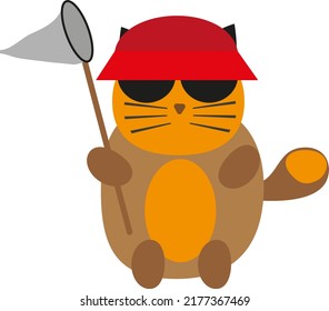 Cat with butterfly net, illustration, vector on a white background.